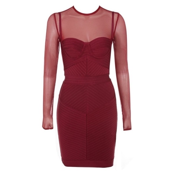 HOUSE OF CB Noelle Wine Bandage Mesh Dress - Picture 1 of 8